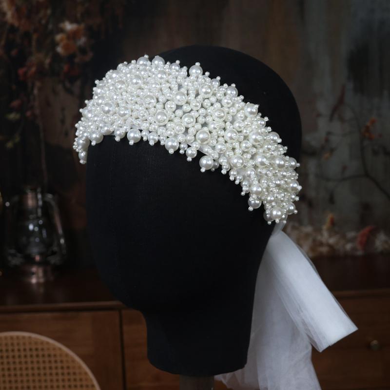 ヘアアクセサリー レディース ブライダル ヘッドドレス 手作り ビーズ装飾 幅広 カチューシャ ウェディ..