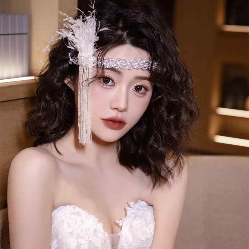ヘッドドレス 花嫁 ブライダル フェザー 羽根 フリンジ タッセル 個性的 エレガント 華やか 上品 豪華 ..