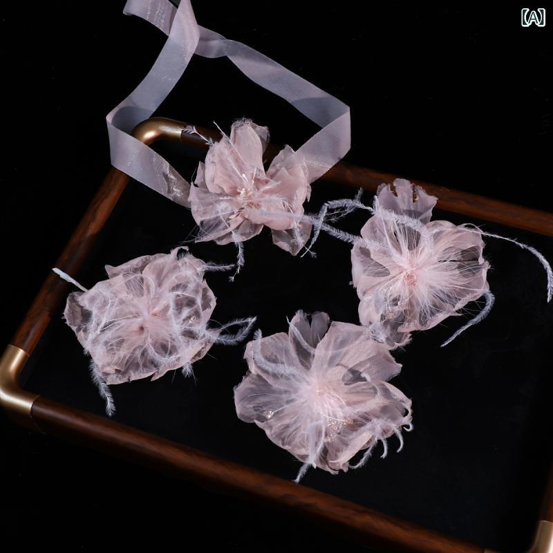 ヘッドドレス 手作り 繊細なフラワーモチーフ ピンクフェザー 花嫁 ウェディング 結婚式 披露宴 挙式 ..