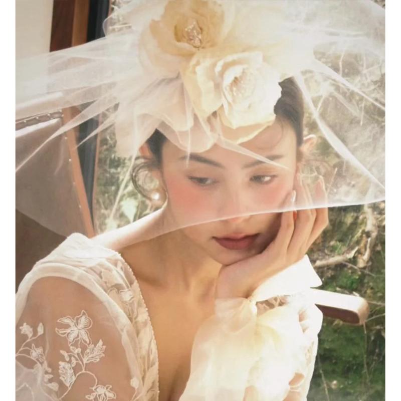 髪飾り レディース 新婦 フレンチスタイル レトロ ヴィンテージ風 フェイスベール 立体花 高級感 結婚..