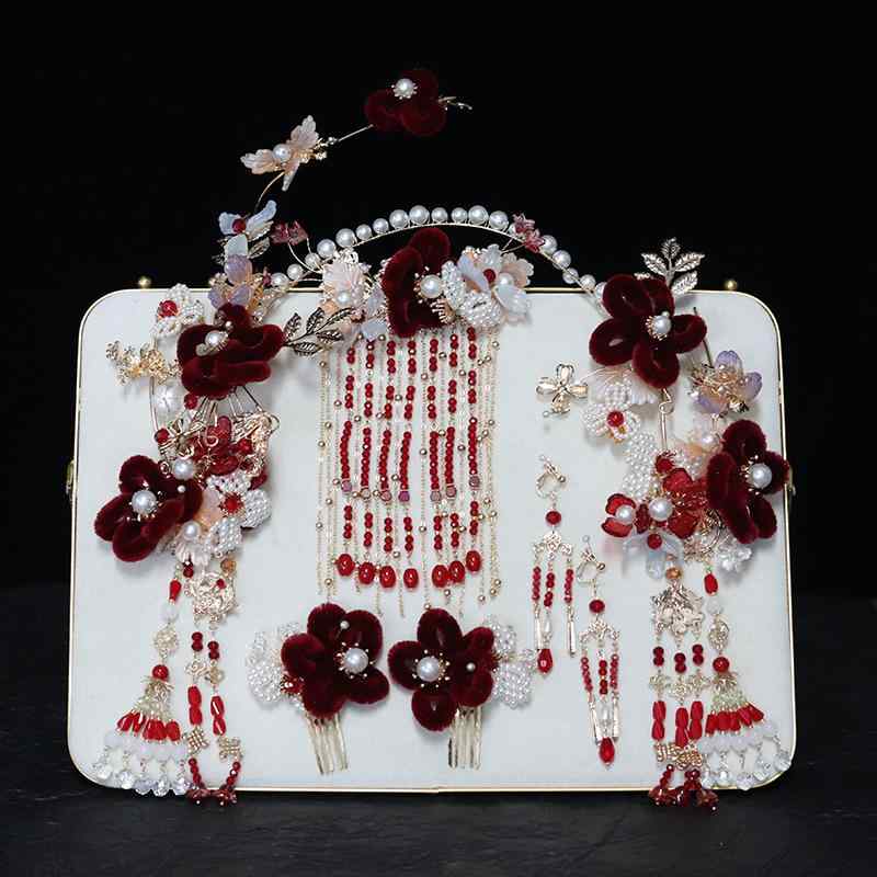 簪 ブライダル 花嫁 ウェディング 結婚式 和装 中華風 古典 レトロ 秀禾服 漢服 髪飾り 赤 レッド ベル..