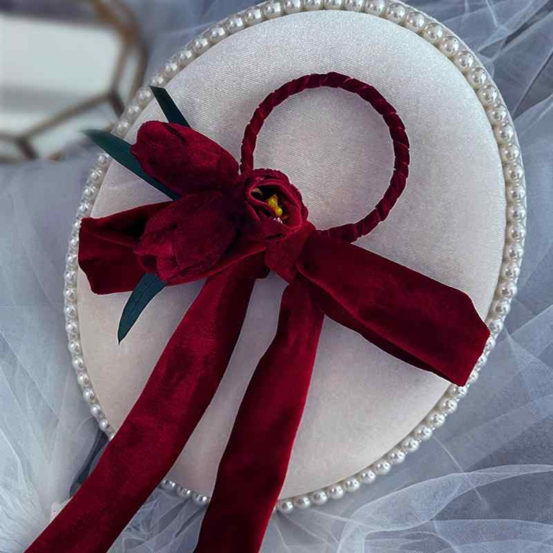 ヘアアクセサリー レディース 韓国 花嫁 ヘッドドレス 髪飾り かんざし ベルベット ヘアフラワー 赤 レ..