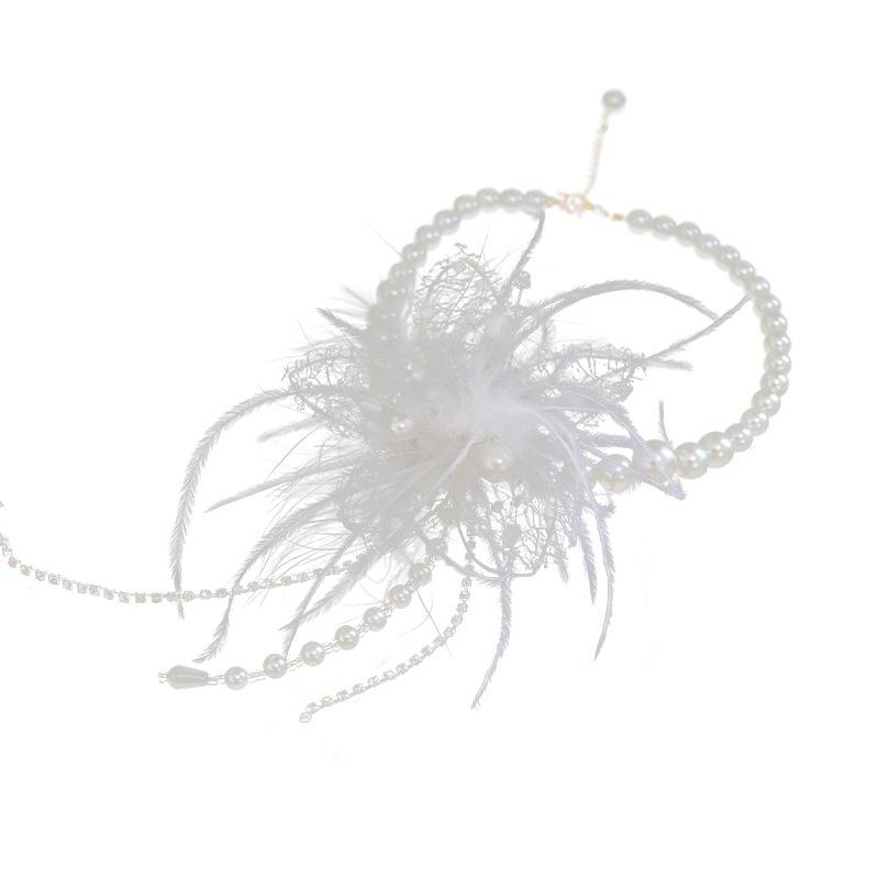 ネックレス レディース 花嫁 ウェディング フェザー パール レース フラワー ハンドメイド チョーカー ..