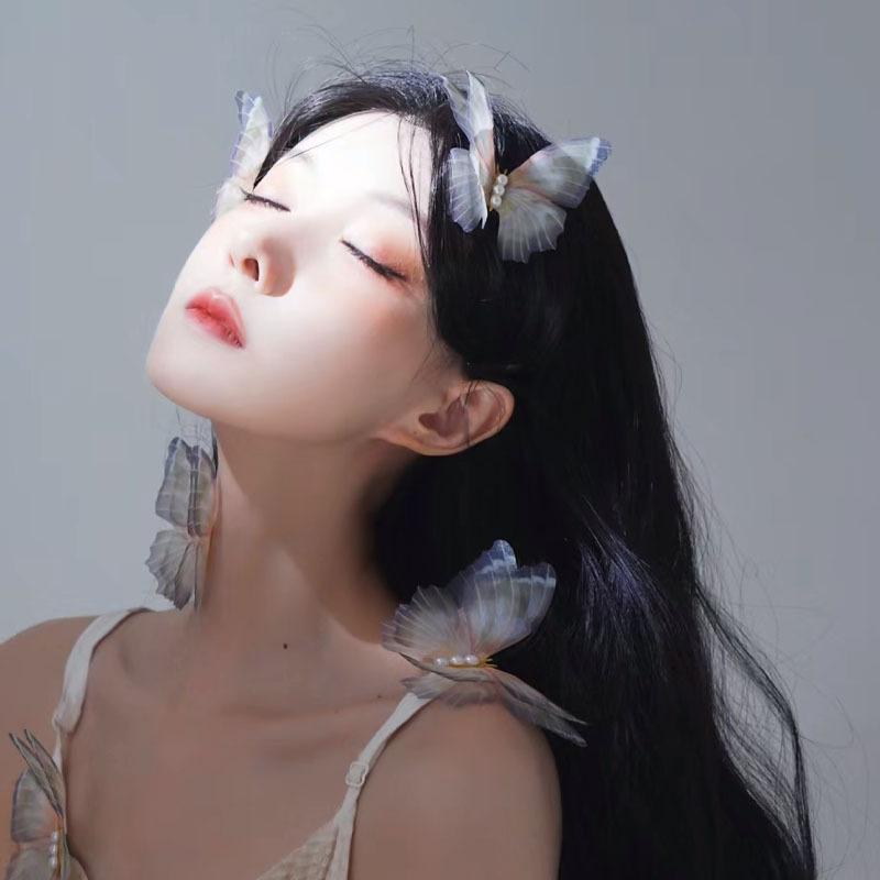 ヘアクリップ 上品 フェイクパール 蝶々モチーフ 二重チュール レトロ 森ガール風 サイドクリップ ヘア..