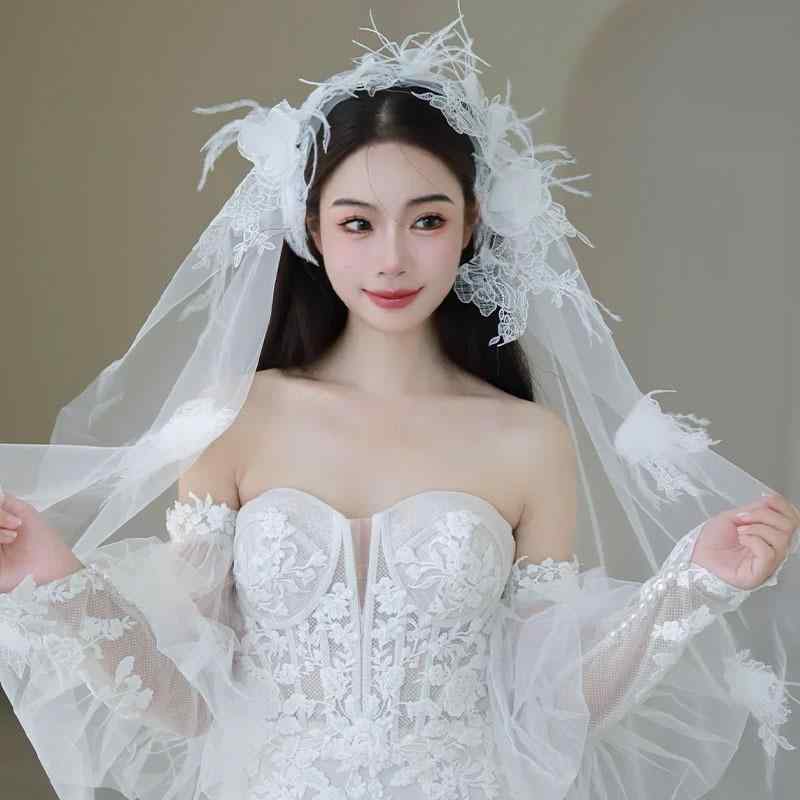 ベール 花嫁 ウェディング ブライダル フェザー ロング 韓国 ナチュラル エレガント ロマンチック 撮影..