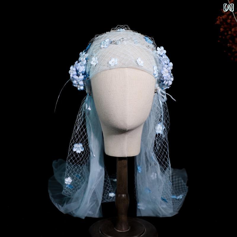 ベール レディース 花嫁 ウェディング スイート かわいい ブルー リボン 蝶結び ヘッドドレス 髪飾り ..