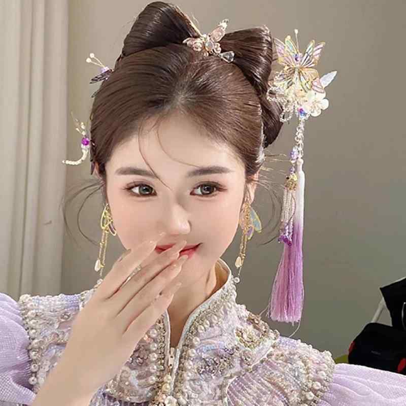 ヘアアクセサリー 赤 紫 蝶 バタフライ フリンジ タッセル ヘアクリップ モダンチャイニーズ チャイナ..