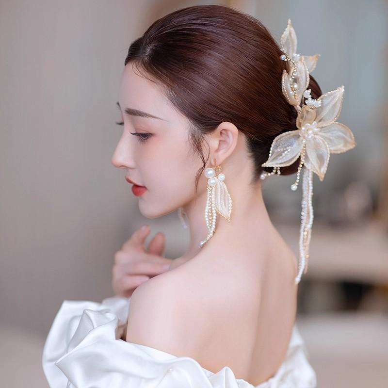 アクセサリー シンプル シャンパン 花びら フリンジ タッセル ヘアクリップ 髪飾り イヤリング 耳飾り ..