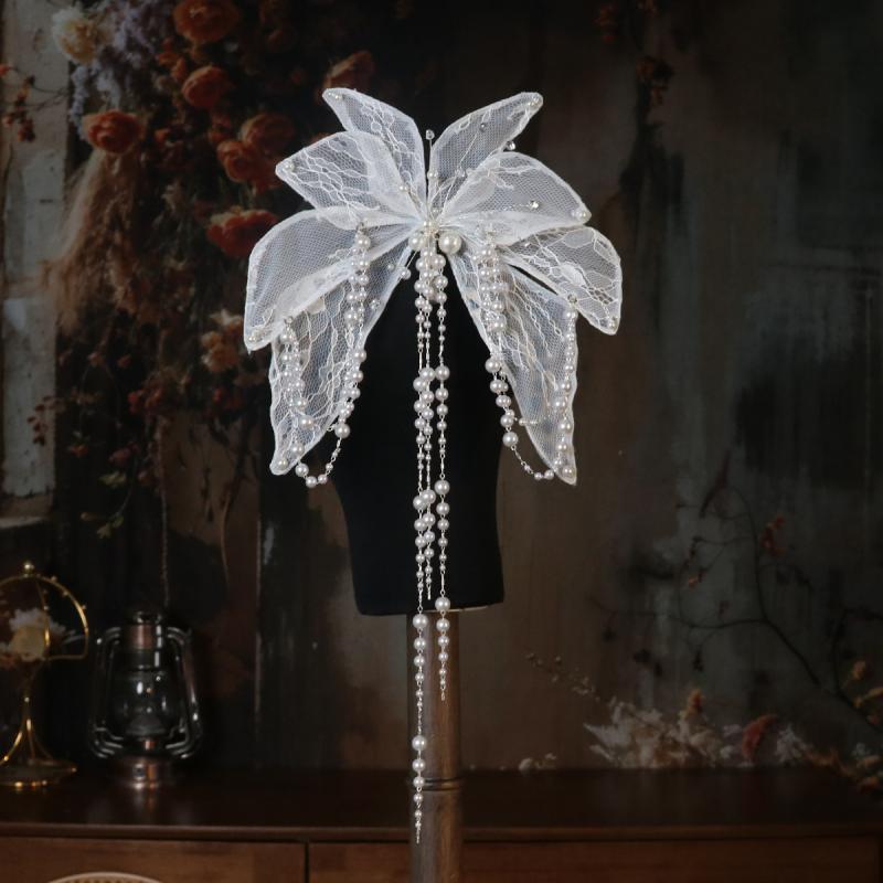 ヘアアクセサリー レディース シンプル ハンドメイド レース 立体 蝶 バタフライ ビーズ タッセル フリ..