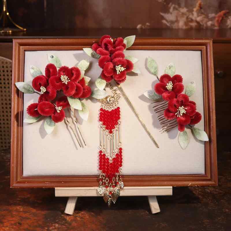 髪飾り 女性用 花嫁 ブライダル ウェディング 簪 かんざし ヘアピン 手作り セット 絨花 ベルベットの..