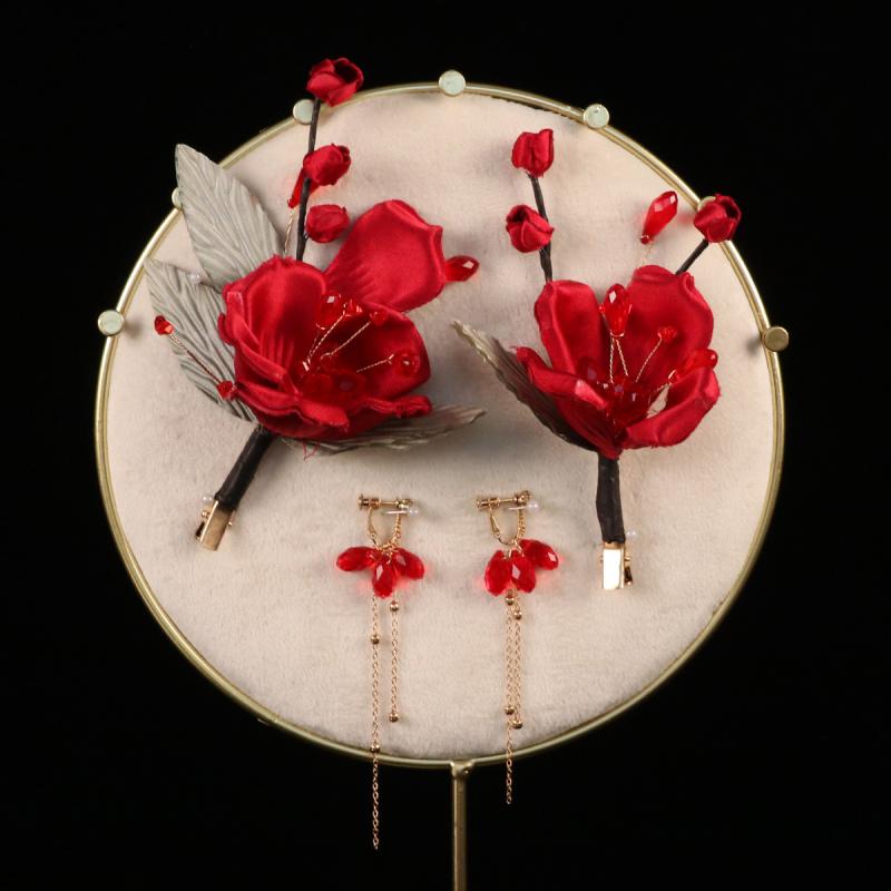 髪飾り 花嫁 女性用 モダンチャイニーズ 赤 立体的な花 フラワーモチーフ ヘアクリップ 髪留め 古風 レ..