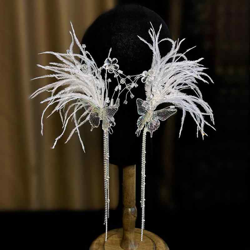 ヘアアクセサリー レディース 韓国 蝶 バタフライ 羽毛 フェザー 髪飾り 優美 エレガント ヘッドドレス..
