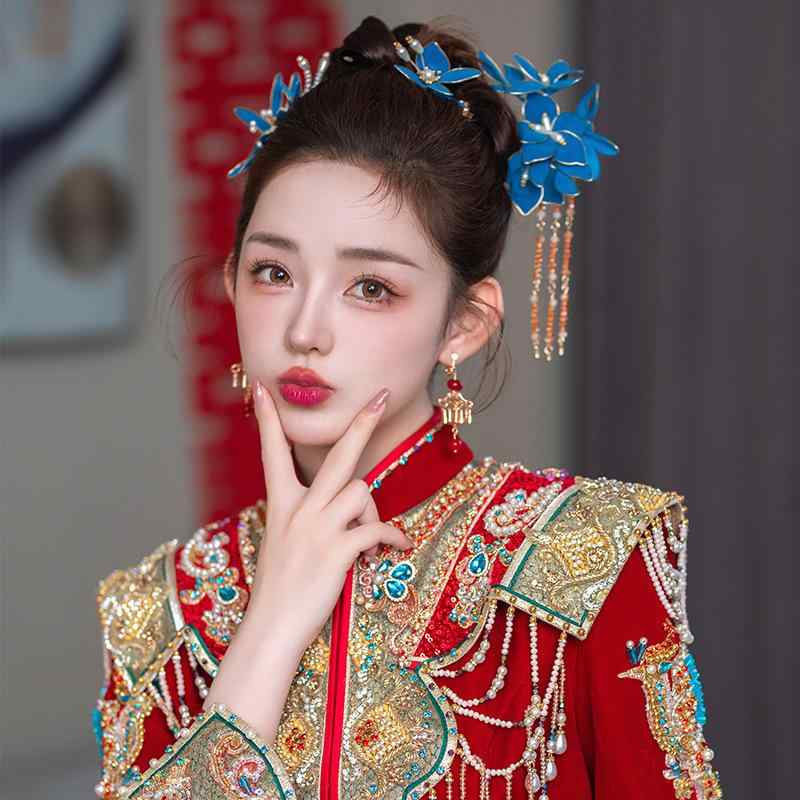 髪飾り 花嫁 ブライダル ネオチャイニーズ 秀禾 かんざし ヘッドドレス 宝石ブルー ライトラグジュアリ..