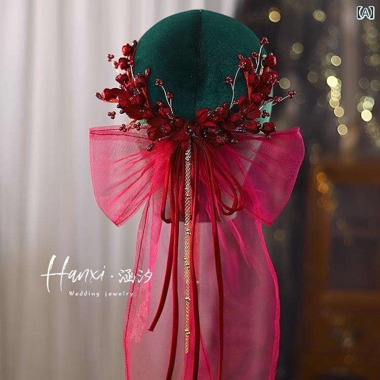 ヘッドドレス レディース 優美 ワインレッド ボルドー スズラン 花飾り リボン 髪飾り ブライダル 結婚..