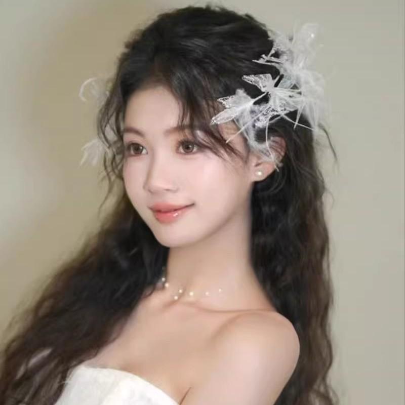ヘアアクセサリー レディース 韓国 軽やか 羽 レース クリスタル ハンドメイド 若見え ヘアクリップ 髪..