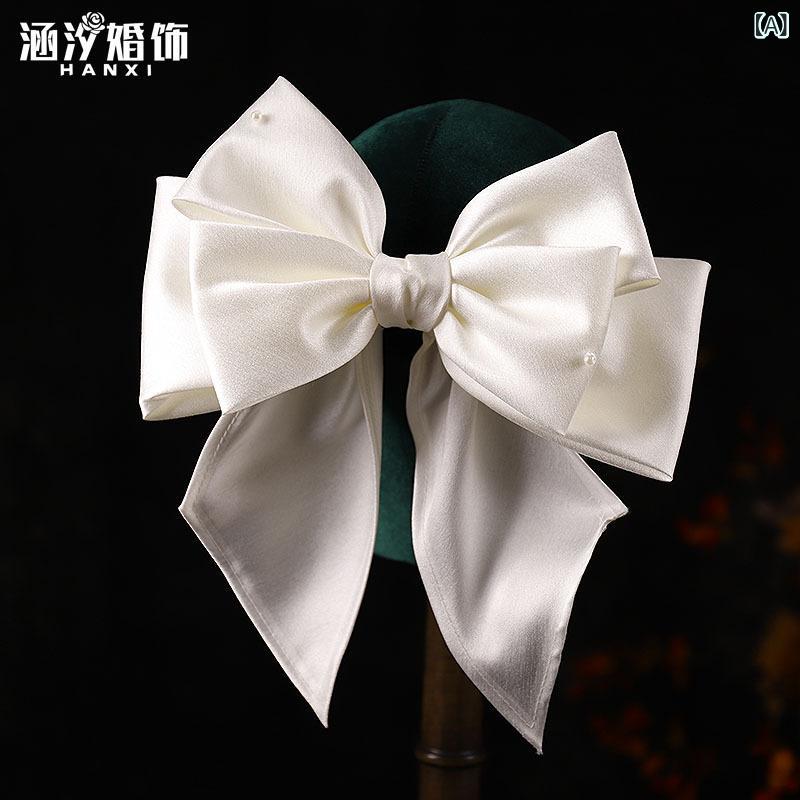 ヘアクリップ レディース フレンチスタイル シンプル サテン生地 パール ビッグリボン 蝶々結び 花嫁 ..