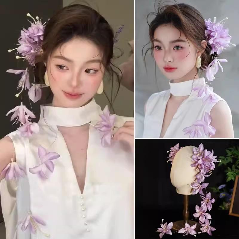 ヘアアクセサリー かんざし ヘアクリップ パープル 造花 タッセル モダンチャイニーズスタイル オリエ..