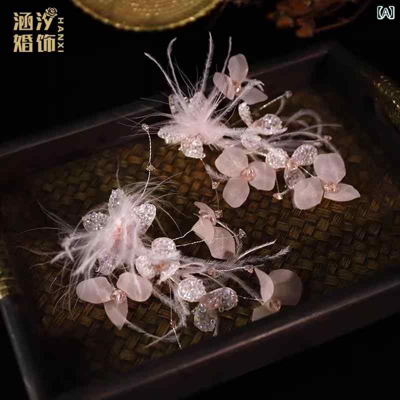 ヘッドドレス ウェディング ブライダル 結婚式 花嫁 ピンク ラインストーン チュールフラワー フェザー..
