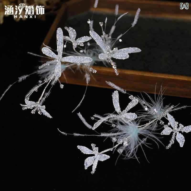 ヘッドドレス 髪飾り 浅緑 羽根 水晶 トンボ ヘアクリップ 森ガール エレガント 華やか 高級感 ウェデ..