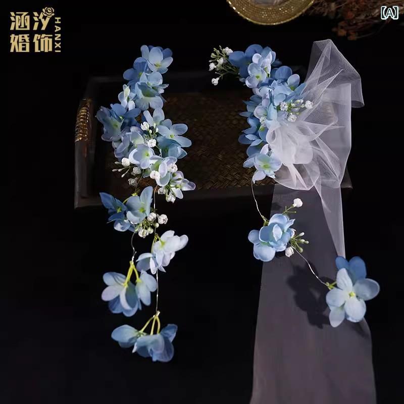髪飾り 森ガール風 清楚 ロマンチック フェアリー ブルー フラワー リボン タッセル 結婚式 ウェディン..