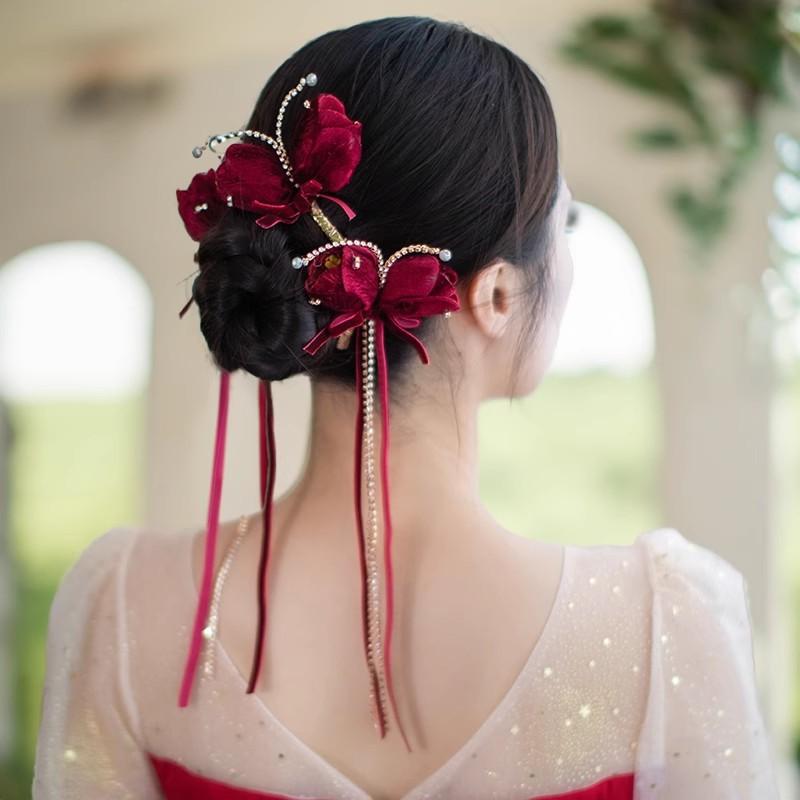 ヘアアクセサリー 花嫁 新婦 結婚式 披露宴 ウェディング ブライダル 中華風 バラ ローズ ワインレッド..