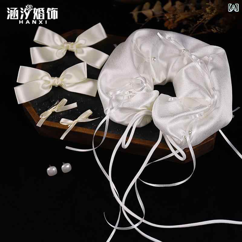 ヘアアクセサリー レディース 白 サテン リボン シュシュ ヘアゴム ウェディング 結婚式 花嫁 披露宴 ..