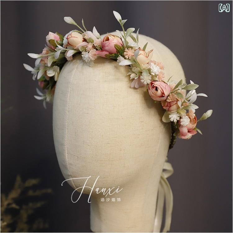 花冠 女性用 ブライダル ウェディング ヘッドドレス 森ガール風 妖精のような エレガント 花柄 リーフ..