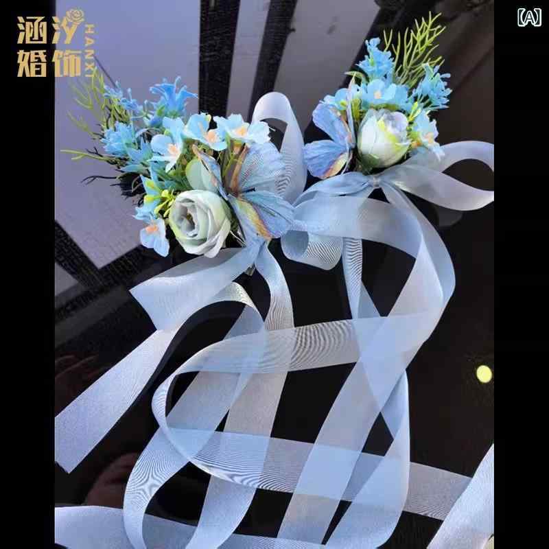 ヘアアクセサリー レディース 造花 ブルー ロングリボン 蝶結び ナチュラル 森風 エレガント 上品 繊細..