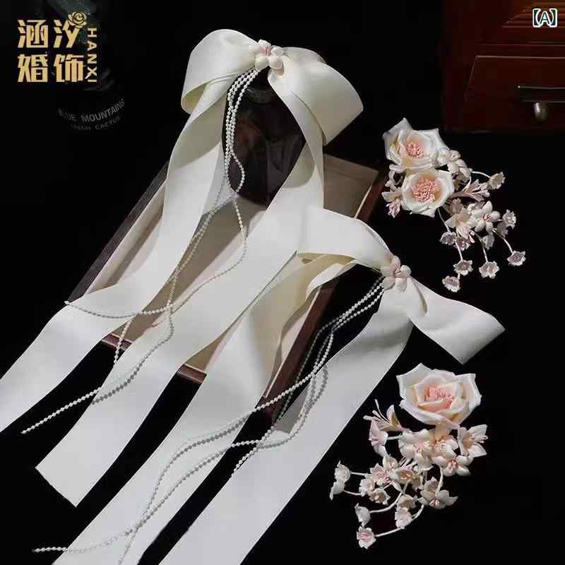 ヘアアクセサリー レディース ブライダル かわいい シャンパン リボン 蝶結び 花 ヘアクリップ 結婚式 ウェディング 花嫁 ガウン 個性的