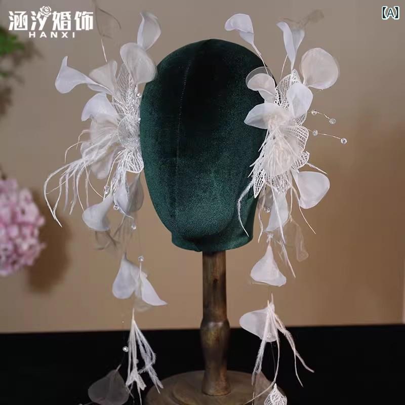 髪飾り 森ガール風 エレガント 羽毛 ジョーゼット レース フリンジ ヘアクリップ ブライダル ウェディ..