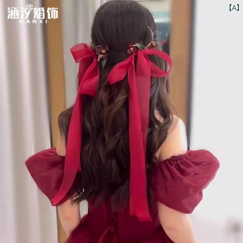 髪飾り ヘアアクセサリー ワインレッド フラワー 花 ロングリボン 長め 蝶結び リボン ツインクリップ ..