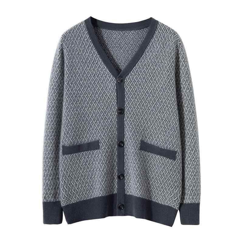 カーディガン メンズ Vネック ジャカード織り 配色 ニット ウール ビッグシルエット カジュアル 普段使い 秋冬 トップス 羽織り