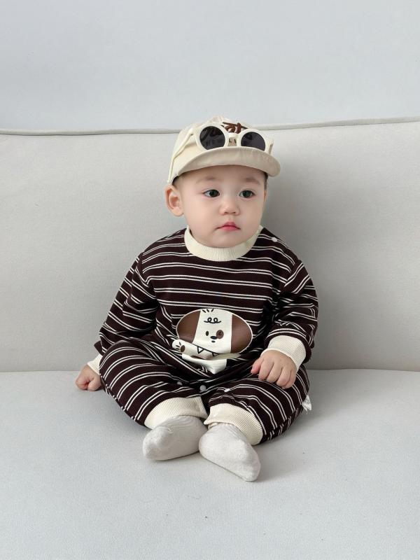 ロンパース ベビー 男の子 女の子 男女兼用 春夏 長袖 ストライプ柄 ボーダー キャラクター かわいい ..