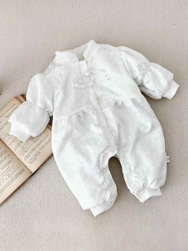 ロンパース 女の子 ベビー 新生児 秋冬 中国風 ジャカード織り 飾りボタン パフスリーブ 裏起毛 厚手 温かい あったか かわいい おしゃれ カバーオール 長袖 普段着 お出かけ着