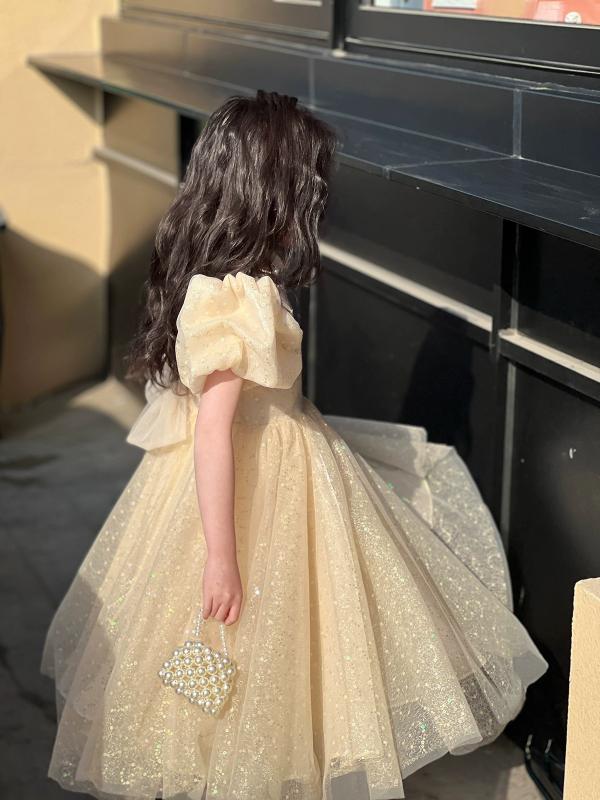 ドレス 子供 女の子 ピアノ 発表会 誕生日 バースデー パフスリーブ ボリューム袖 プリンセスライン 高級感 上品 エレガント 礼服 フォーマル ワンピース