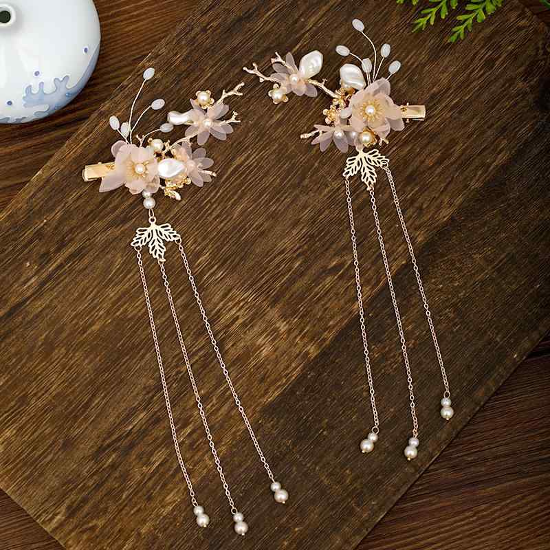 髪飾り レディース 女性用 漢服 古風 スタイル 紗 花 パール タッセル フリンジ 歩揺 ヘアピン クリッ..