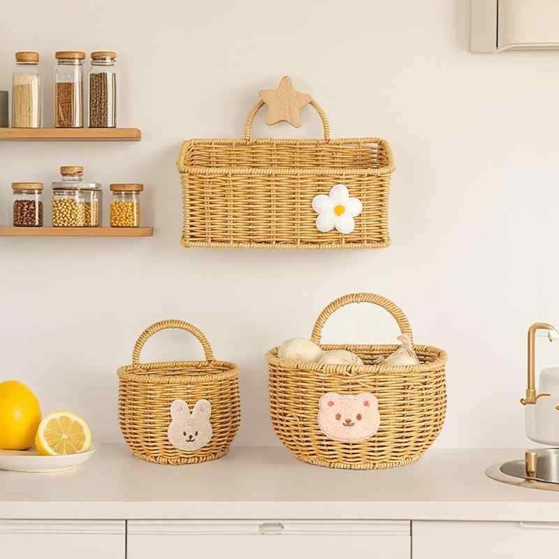 バスケット 北欧風 編み込み 籐風 キッチン 収納 壁掛け 手提げ 小物入れ 多機能 野菜ストッカー 果物..