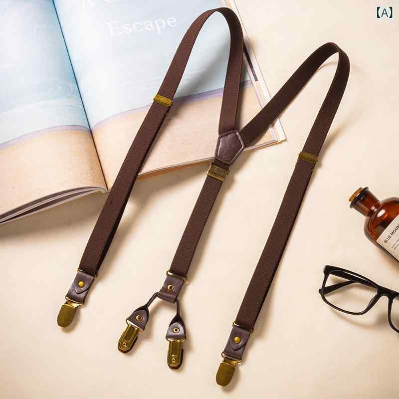 サスペンダー メンズ ブリティッシュ レトロ クラシック ブラウン ズボン吊り 強力クリップ 滑り止め 伸縮性 4点留め 結婚式 パーティー ビジネス カジュアル フォーマル 普段使い