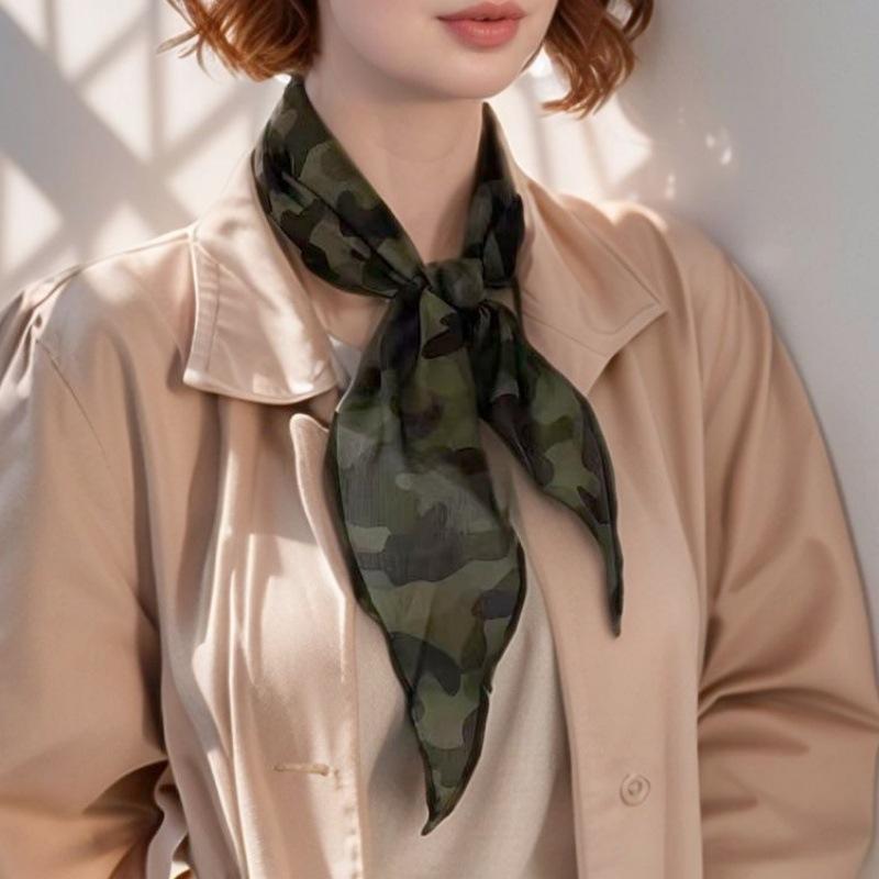 スカーフ レディース 春夏 欧米風 デジタルプリント 迷彩柄 カモフラージュ ひし形 薄手 シアー素材 ヘ..