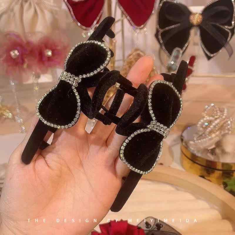 ヘアクリップ レディース 大型 ベルベット 蝶結び ラインストーン 装飾 黒 赤 輝く フレンチ レトロ ア..