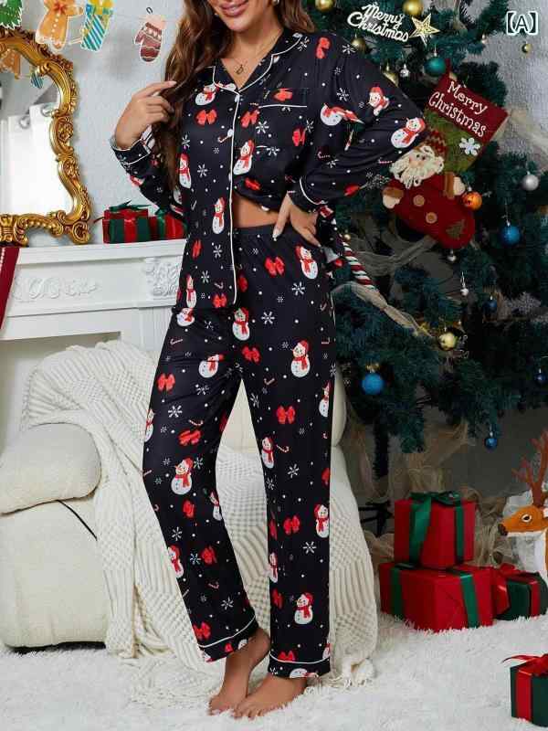 パジャマ レディース かわいい 卡通柄 2ピースセット 再生繊維 ルームウェア 長袖 開襟 長ズボン 中厚 ..