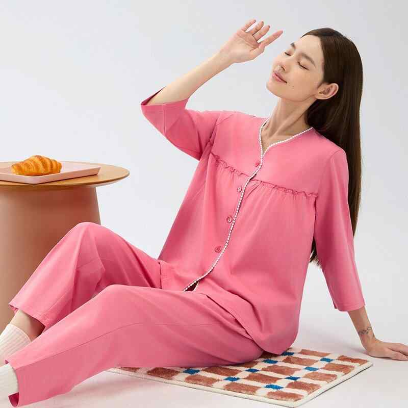 パジャマ レディース Vネック カップ付き 上下セット ニット ボタン付き パンツ ズボン 綿 コットン ルームウェア 部屋着 春秋 寝巻き ナイトウェア リラックス 肌触り良い 伸縮性 快適 吸湿性 通気性 ゆったり