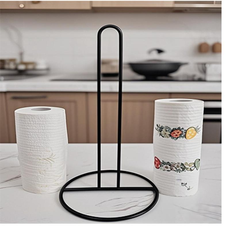 キッチン ペーパーホルダー スタンド式 シンプル 鉄製 丸型 マット ブラック 収納ラック 便利 焼付塗装
