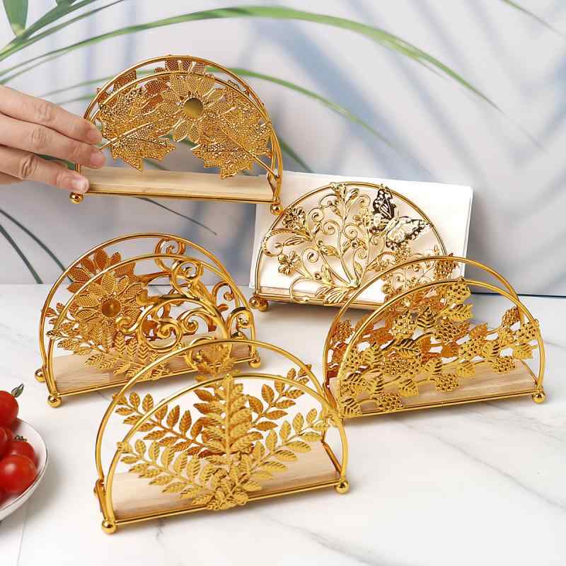 ナプキンスタンド 金 木製ベース 鉄製 高級感 ダイニングテーブル ティッシュ収納 デスクトップ 半円形..