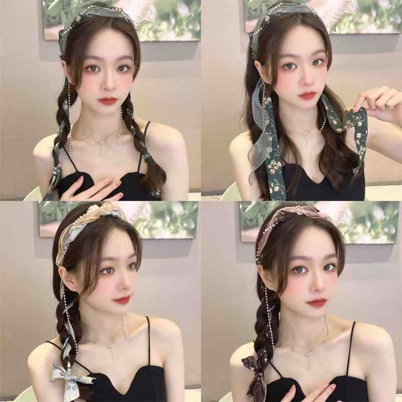 カチューシャ ヘッドバンド レディース フレンチ スタイル 小花柄 オーガンジー フリンジ ビーズ 編み..