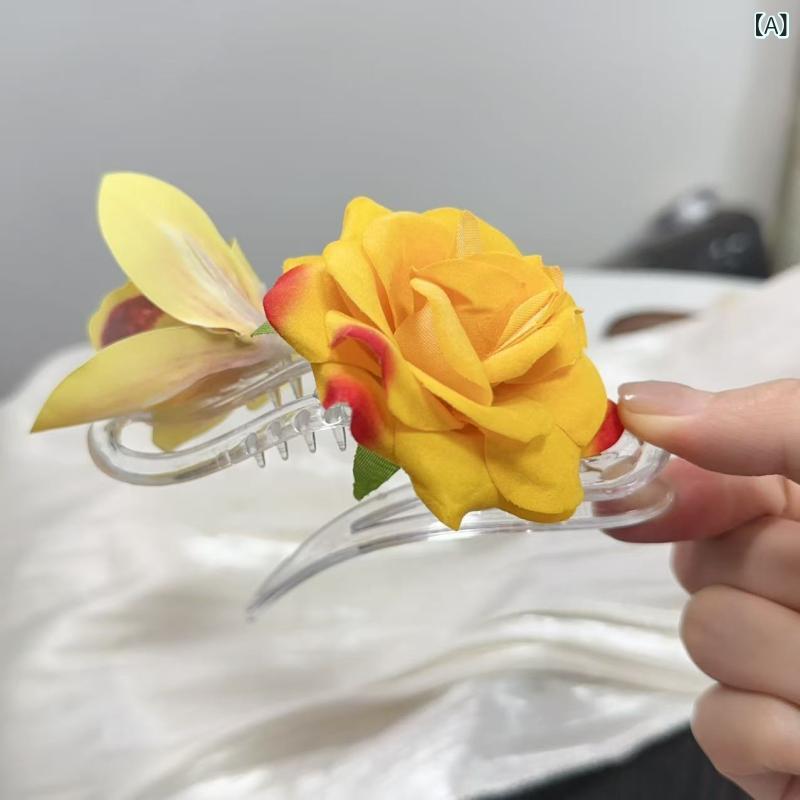 ヘアクリップ 女性 花モチーフ ダックビル 混合素材 甘美 春 紫 黄 リアルフラワー サイドピン バナナ..