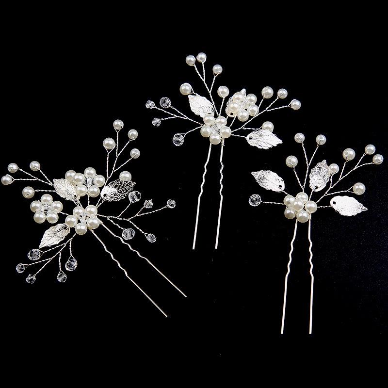 レディース ウェディング ヘアアクセサリー パール ヘアピン 葉っぱ 合金 手作り ゴールド シルバー 3点セット 結婚式 ヘッドドレス ブライド アクセサリー...