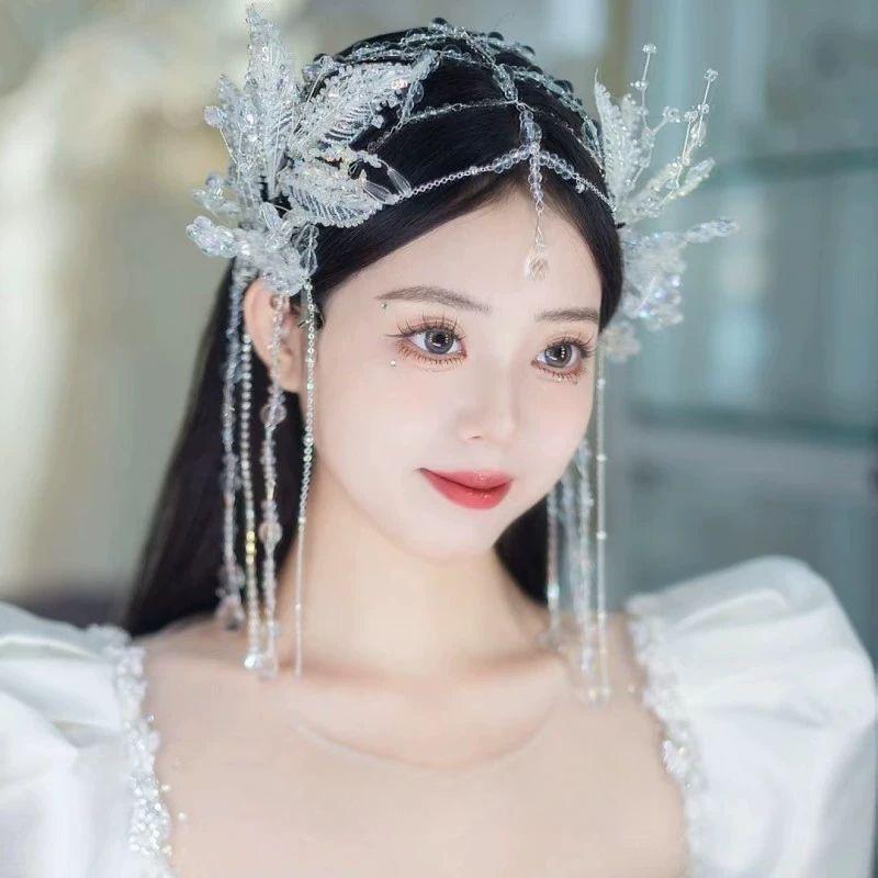 ヘアアクセサリー レディース ウェディング クリスタル 流蘇 額飾り 花モチーフ 葉 ヘッドバンド サイドクリップ ブライダル 結婚式用 ラインストーン 装飾 韓国 女性用 頭飾 発簪 髪飾り 華やか 繊細 セット