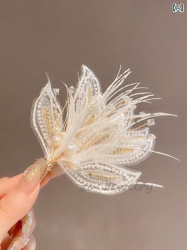 女の子 ヘアクリップ セット 羽毛 パール ジルコニア レース ビーズ ダックビル サイドクリップ 夏 か..