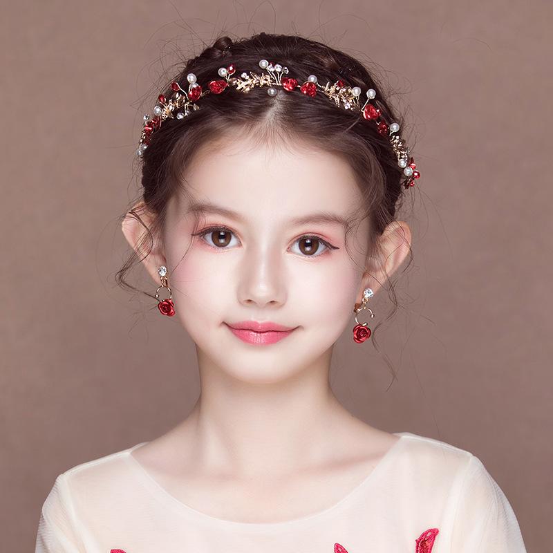 キッズ 女の子用 赤 ヘアバンド カチューシャ イヤークリップ セット 花柄 リボン ラインストーン 立体装飾 シンプル 合金 ヘアアクセサリー パーティー ドレス かわいい 子供 頭飾り